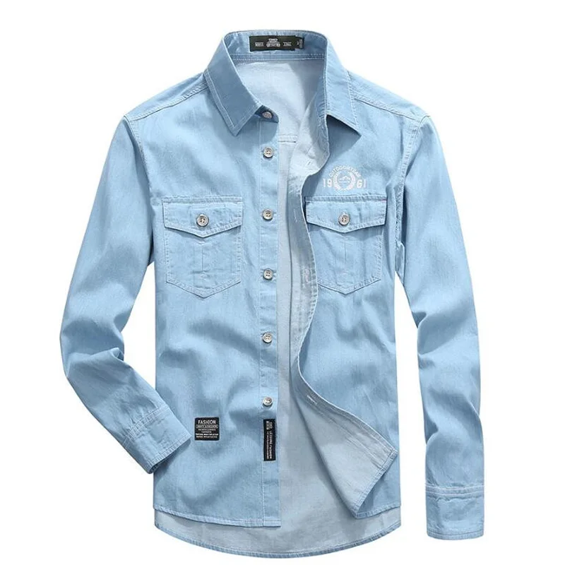 Clothing Denim Shirts Men Casual Shirt Long Sleeve Fashion Slim Camisa Jeans Men's 5XL | Мужская одежда