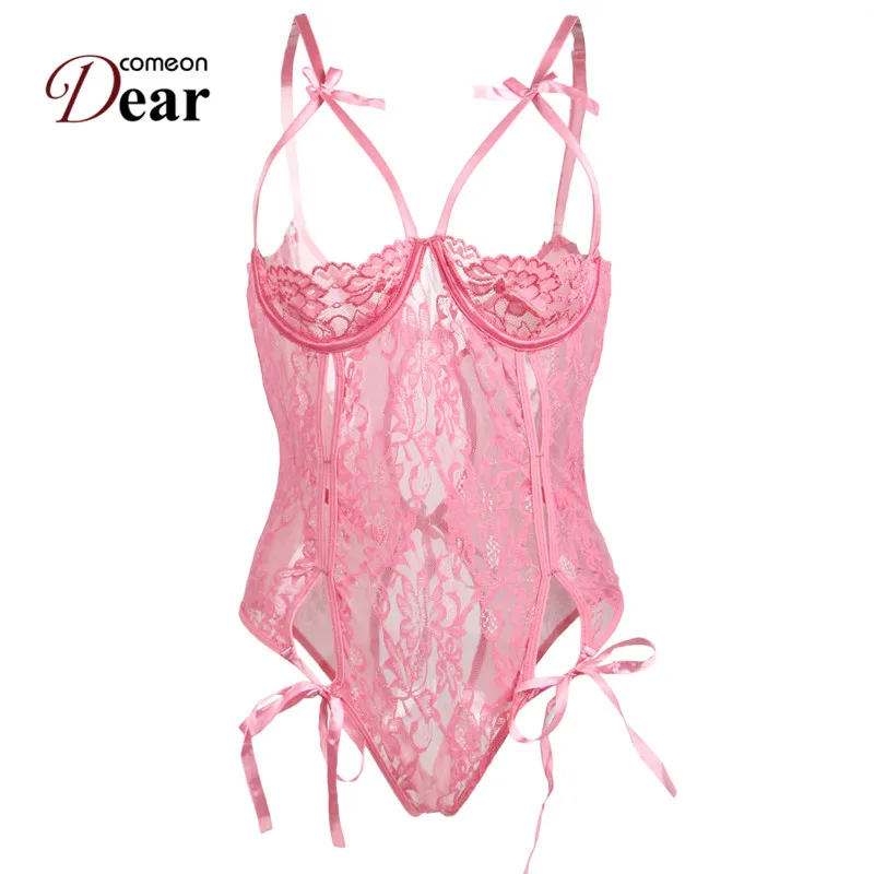 Comeondear/розовый черный кружевной открытый бюст боди Femme Manche Longue кружевные