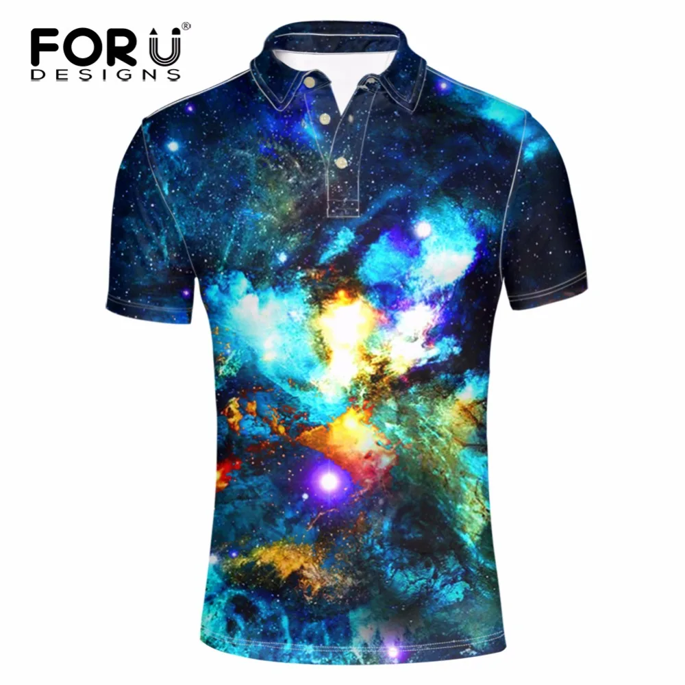 Мужская приталенная рубашка поло с коротким рукавом и принтом космоса|brand men polo