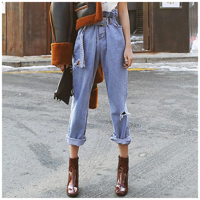 Retro High Rise Denim Pants Women Harem Capris Sash Tie Belt Ripped Holes Autumn Cuff Up Jeans IG Black Oversized Loose Trousers | Женская