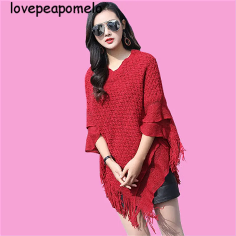Spring Autumn Knitted Sweater Large Size Women's Costumes Vintage Patchwork Shawl Loose Tassel Batwing Sleeve Pullover J319 | Женская