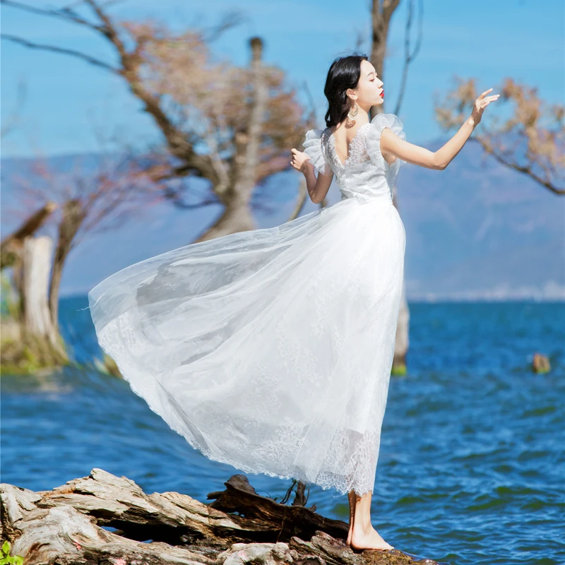 women fashion designer summer elegant slim bodycon sexy formal party beach runway long maxi lace white mesh dress