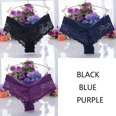 blackpurpleblue JERRINUT 3 шт. сексуальное нижнее белье женские стринги кружевные трусики низкая талия Бесшовные трусики стринги Femme хлопковые трусики - Цвет: blackpurpleblue