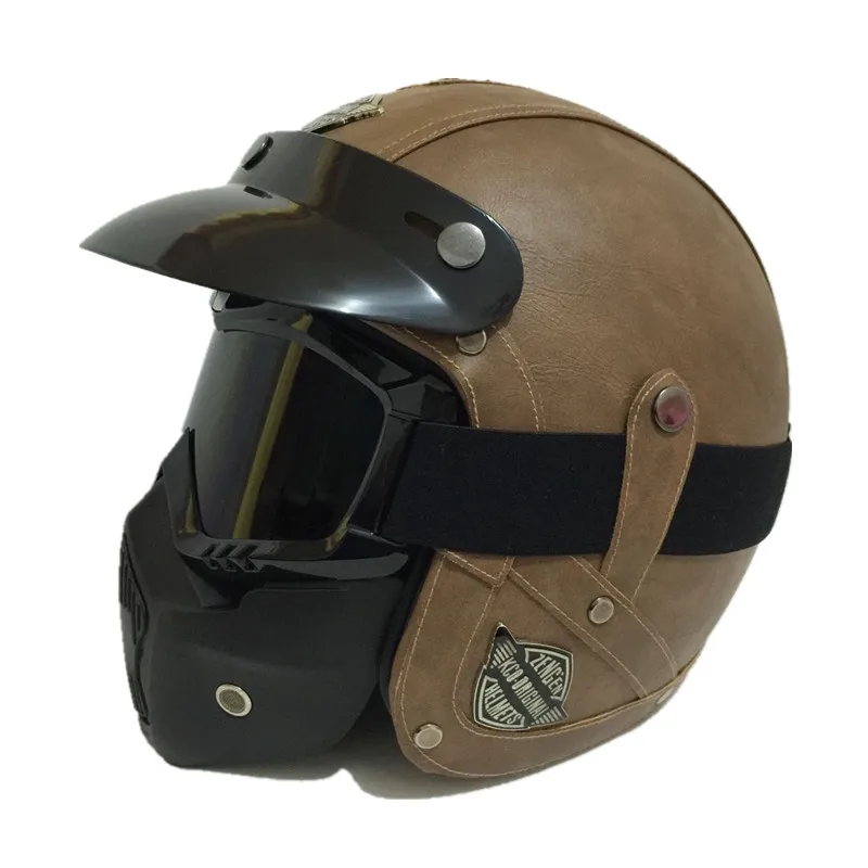 Vintage leather motorcycle helmet Retro Scooter Men/women's 3/4 Moto casco Goggles Mask for open face | Автомобили и