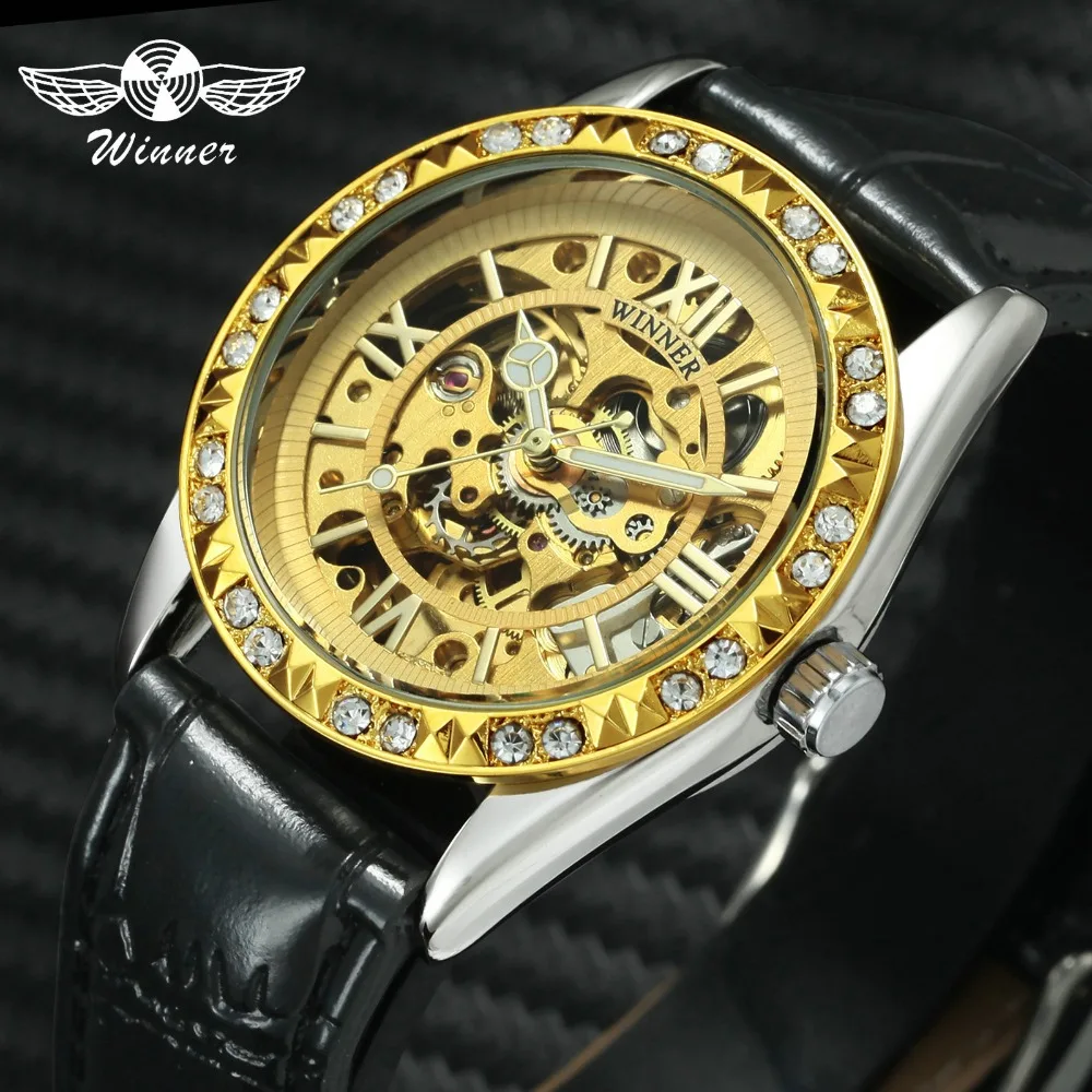 T-WINNER Women Luxury Automatic Mechanical Watch Leather Strap Roman Number Skeleton Dial Crystal Decoration Bezel Design + BOX | Наручные