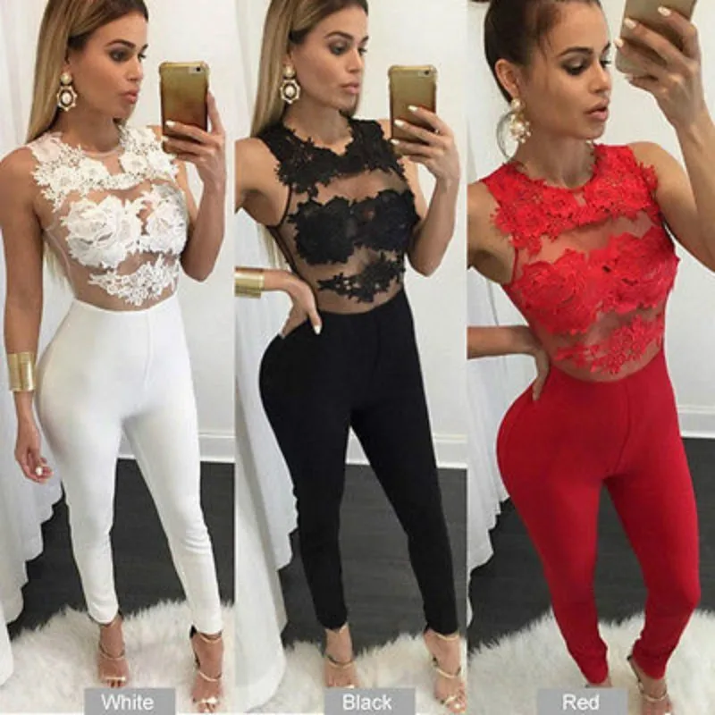 Пикантные модные женские туфли рукавов бинты Bodycon комбинезон Кружево Мотобрюки