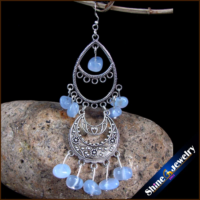 Женские винтажные серьги в тибетском стиле длинные висячие с натуральным синим