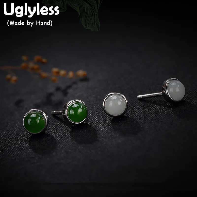 

Uglyless S 925 Sterling Silver Women Natural Jade Beads Stud Earrings Elegant Vintage Jasper Party Statement Brincos Fine Bijoux