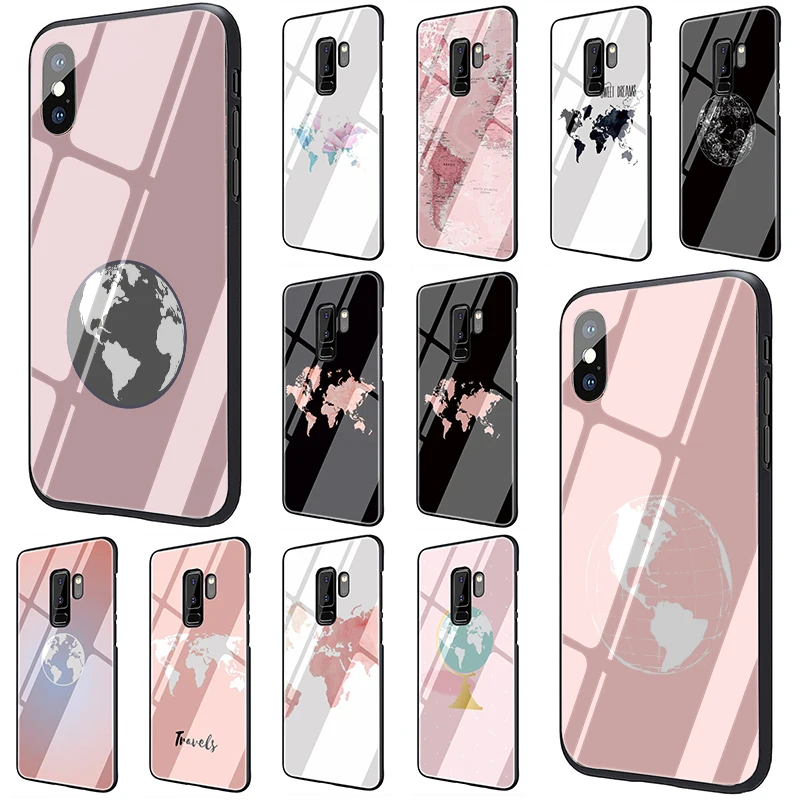 Розовый чехол для телефона из закаленного стекла с картой мира Samsung Galaxy S7 Edge S8 S9 S10