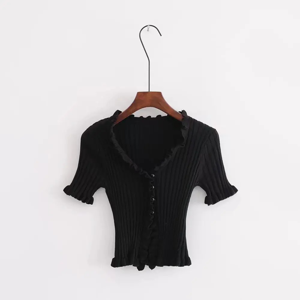 2019 Autumn Knit Sweater Female Women Ruffle Trim Crop Cardigan With Short Sleeve Deep V Neck Casual Jumper Pull Femme |