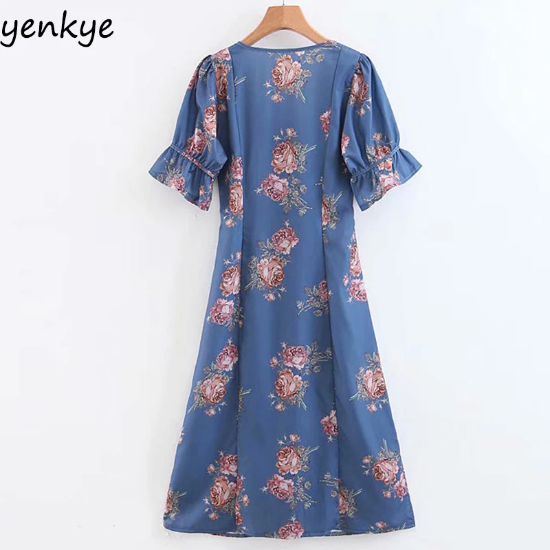 2019 Women Vintage Floral Print Holiday Summer Dress Lady V Neck Butterfly Sleeve A-line Midi Casual SDP6085 | Женская одежда