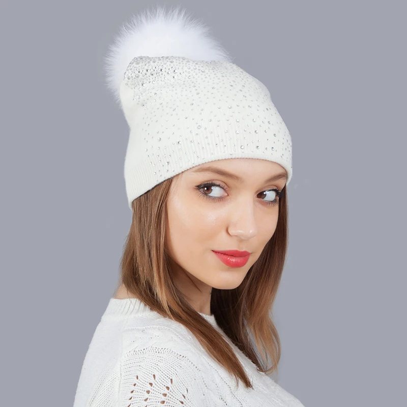 Белый норковый мех шапки с помпонами Hat Женская шерстяная шапка для девочек