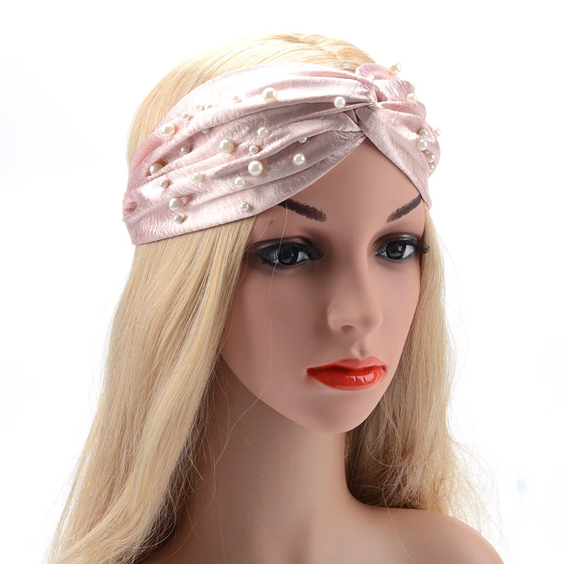 2018 Women's Hair Accessories Wide Pearl Headbands Fashion Cross Knotted Turban Knit Spa Headband Ladies Elastic Wrap Hairband |