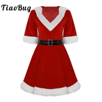 tiaobug women red velvet christmas costume mrs claus hooded tutu dress female fancy cosplay party sexy costumes with dress belt