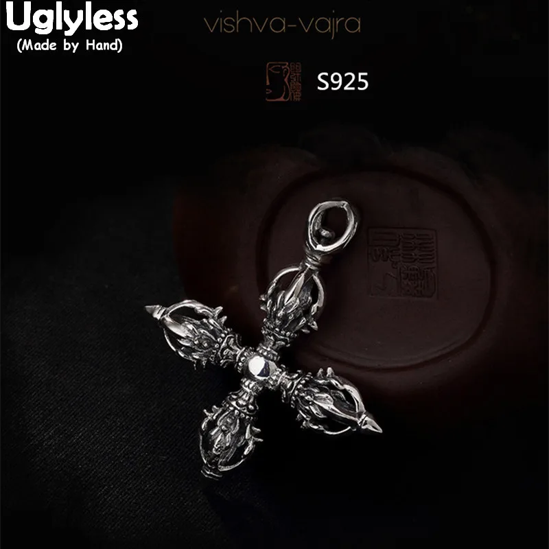 

Uglyless Real 925 Sterling Thai Silver Cross Designer Vajra Pendants without Chain Men Buddhism Implement Jewelry Tibetan Bijoux