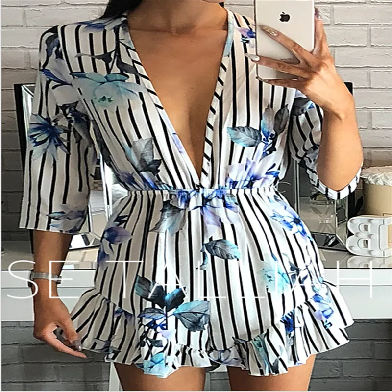 Повседневное Для женщин комбинезон в полоску с рукавами 3/4 глубокий v образным