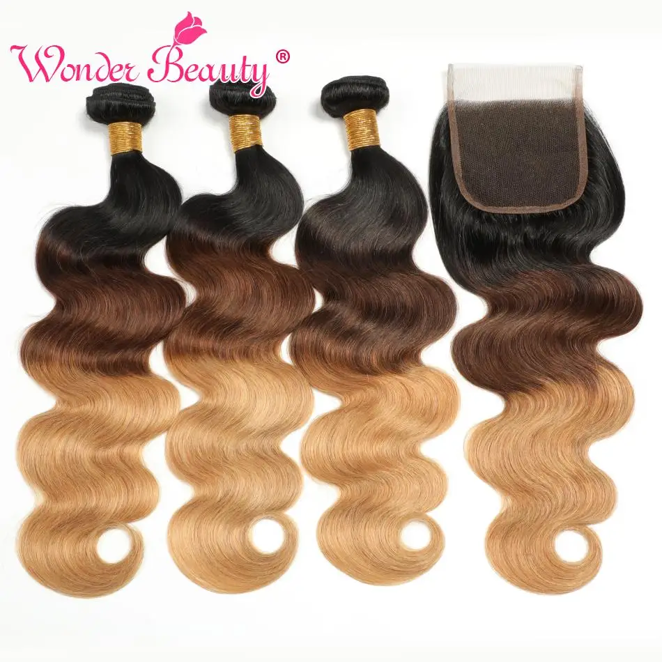 Wonder Beauty Hair Ombre Bundles with Closure Body Wave Peruvian Hair Bundles with Closure 1B/4/27 Remy 4x4 Lace Closure