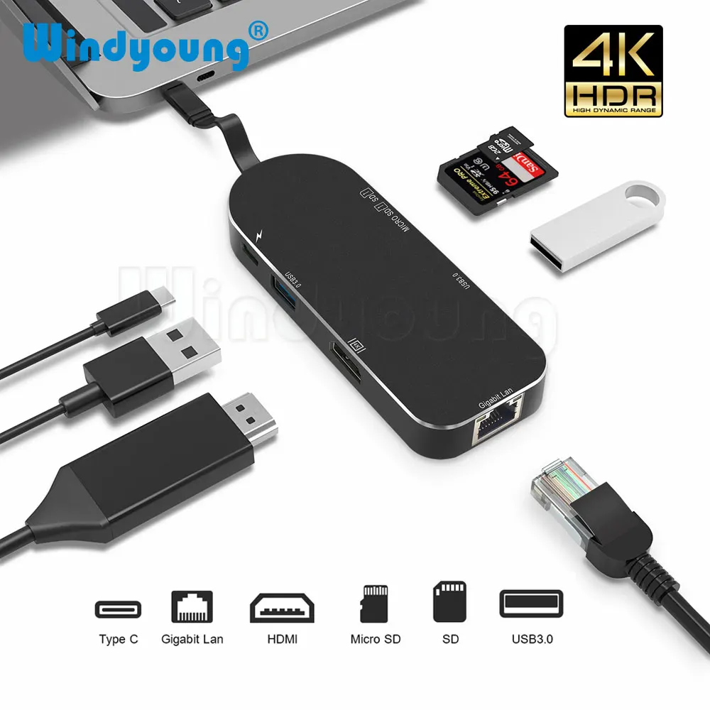 USB C концентратор HDMI гигабитный Ethernet адаптер 7 в 1 3 Type с Micro SD/SD кардридер PD для Macbook