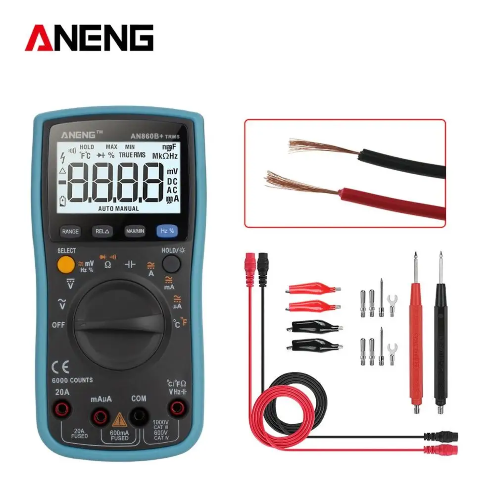 Blue ANENG AN860B+ 6000 отсчетов Цифровой мультиметр esr метр тестеры автомобильные электрические dmm Транзистор тестер пиковый резистор метр - Цвет: Blue