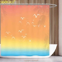 stylish shower curtain seagulls decor tropical themed island sunset print with setting sun sea palm trees and birds in flight