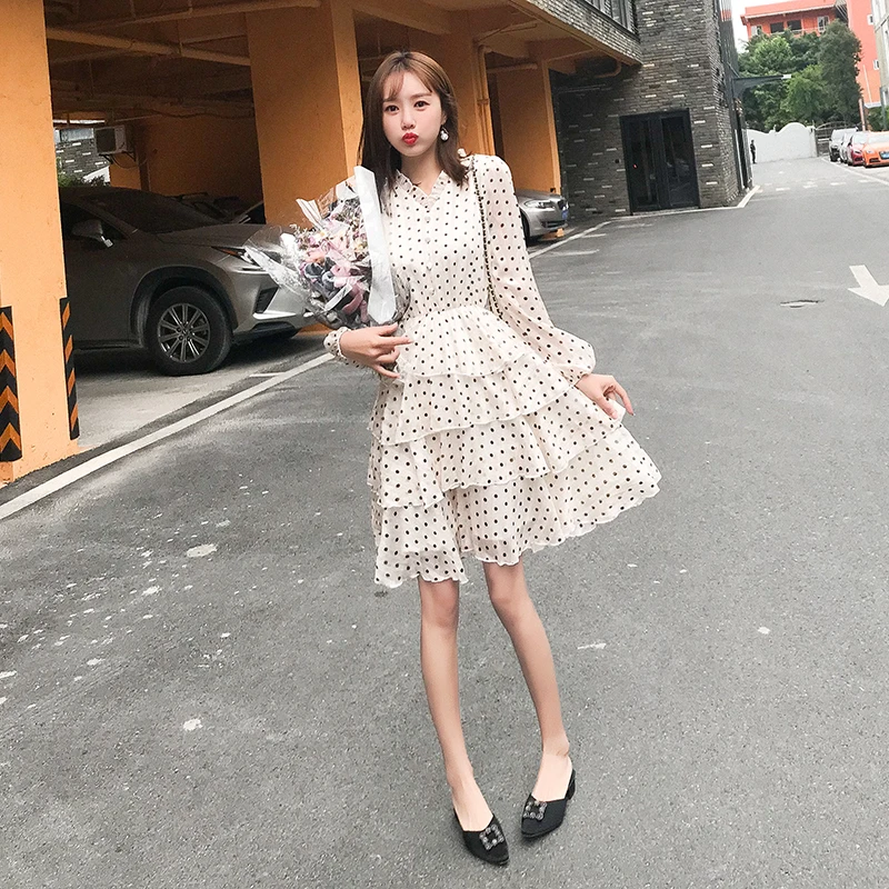 2019 Spring Fashion Women's Clothing Ruffles Dot Printing V-neck Dress Lantern Long Sleeves Button Chiffon Dresses | Женская одежда