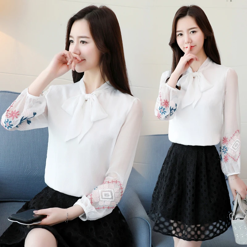 

Embroidery Women Summer Style Chiffon Blouses Shirts Lady Casual Nine Quarter Lantern Sleeve Mesh Patchwork Top