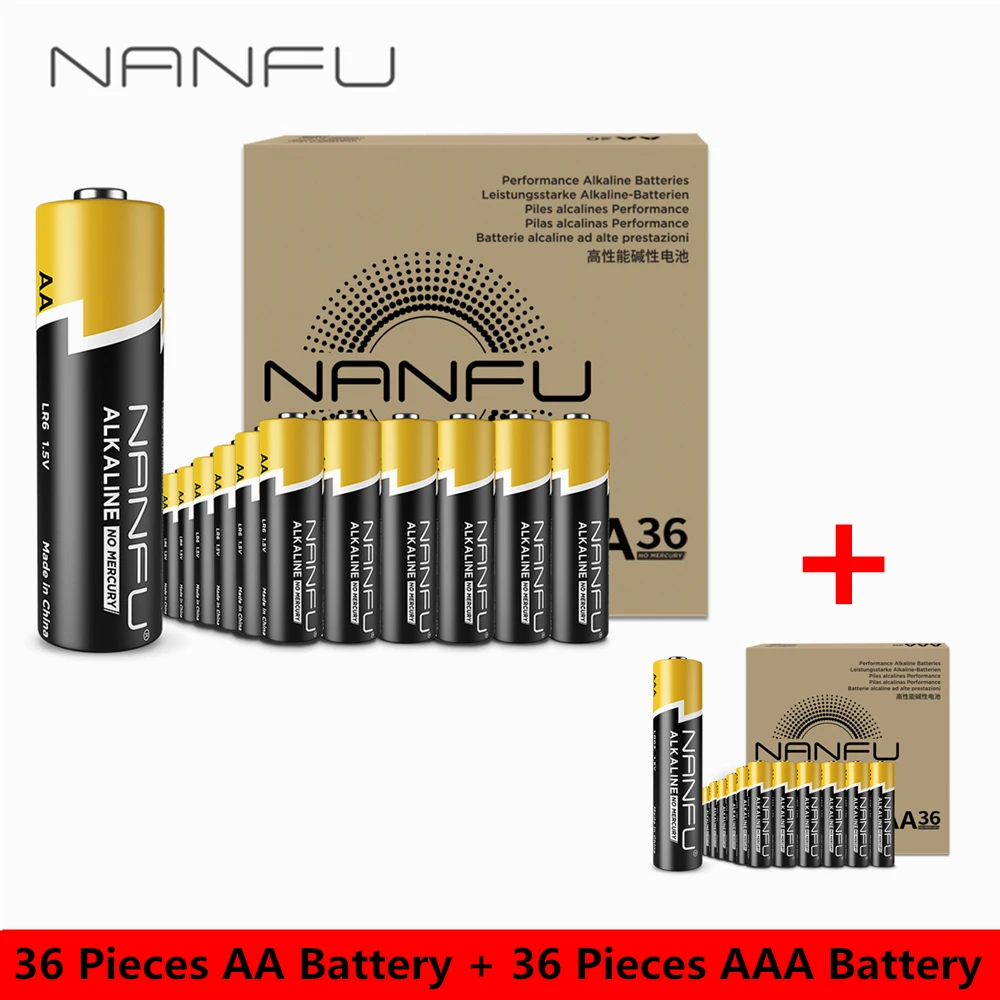 NANFU 72 щелочные батареи (36 шт. AA + 36 AAA батареи) 2100 мАч 950 1 5 В LR03 LR06 2A 3A набор батарей |