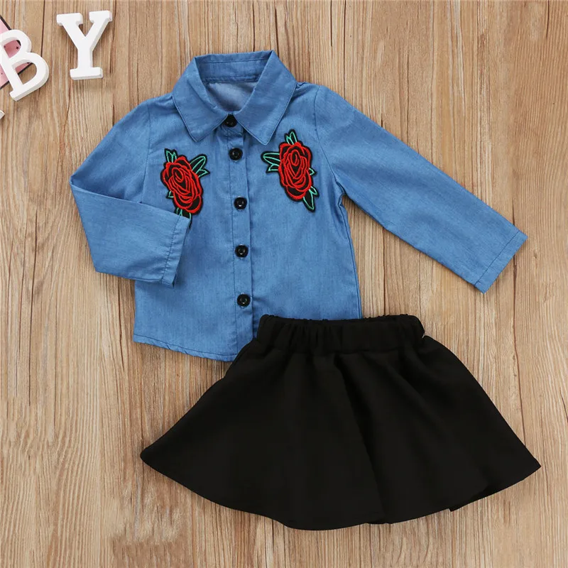 2 шт. детская джинсовая футболка и юбка пачка с цветочной вышивкой|tutu outfit|set kidsclothes