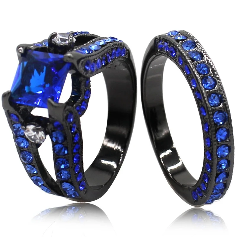 

Size 4-12 Black Blue Cubic Zircon Engagement Princess Cut Crystal Ring Band Set Halo Bridal Promise Double Anniversary Cocktail