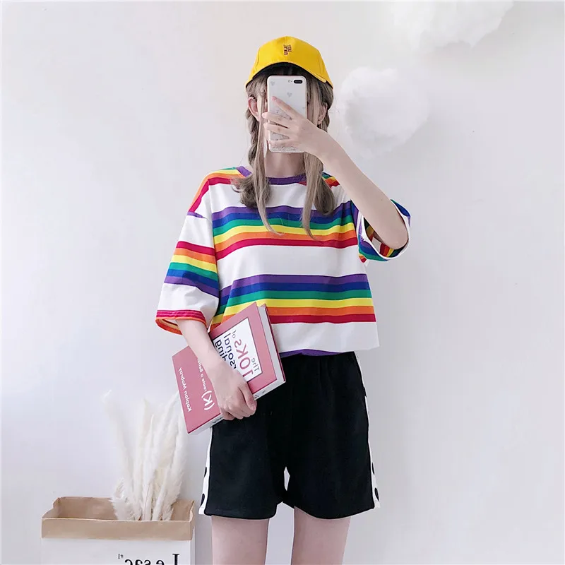 Женские футболки Япония Харадзюку Дамская Туника Подростковая Радужная