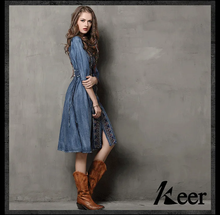 KEZ KEEР 2018 Бохо известный дизайнерский бренд женского платья винтажная вышивка деним повседневный большие подолы джинсы женское длинное платье.