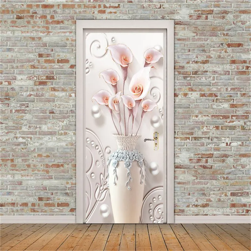 Door Stickers45 Новая настенная дверь паста ваза с лилиями шаблон наклейки Diy самоклеющиеся водонепроницаемые обои постеры для украшения дома - Цвет: Door Stickers45
