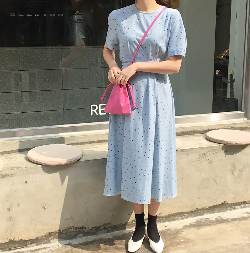 GRUIICEEN корейское длинное тонкое платье в горошек 2019 Макси ТРАПЕЦИЕВИДНОЕ женское