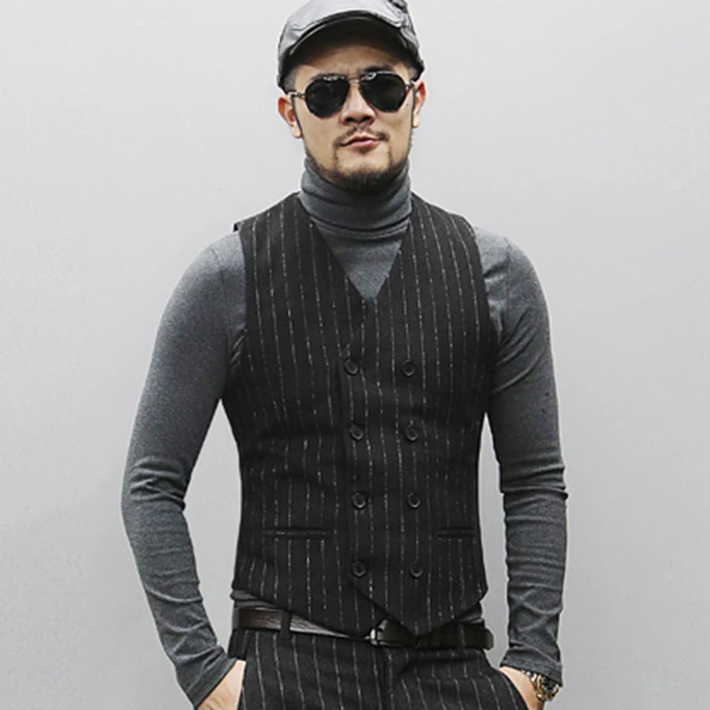 Мужской осенний Черный Полосатый новый тонкий повседневный костюм жилет деловой