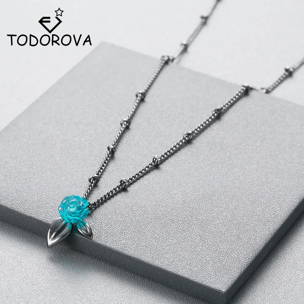 Todorova, винтажное ожерелье с голубыми розами и подвесками, женская черная длинная цепочка, колье, ожерелье, подарок на День святого Валентина для нее