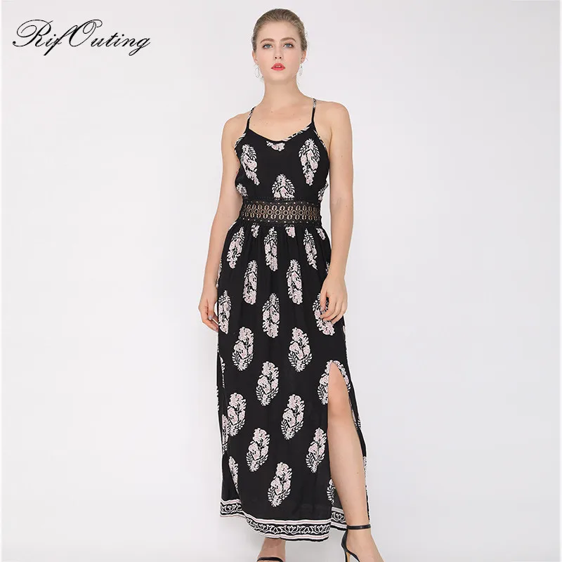 Новый RifOuting Цветочный принт ремни длинное платье Для женщин пикантные спинки