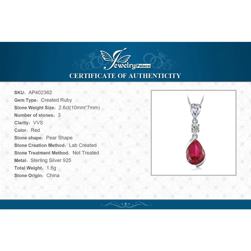 Ювелирный дворец 3ct созданное рубиновое ожерелье с подвеской 925 драгоценные
