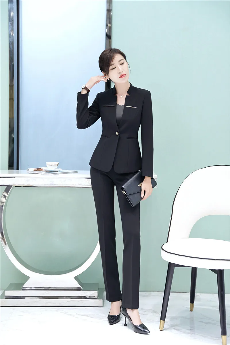 

Formal Elegant Black Uniform Designs Female Pantsuits With Jackets Coat and Pants 2 Piece Sets Business Suits Ladies Pants Suits