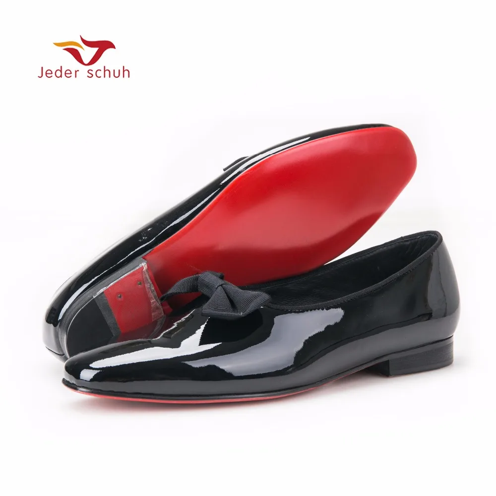 Мужские лоферы ручной работы Jeder Schuh черные из лаковой кожи с черным бантом модные