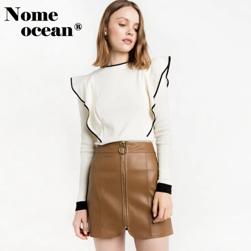 Black Trim Women Sweaters 2018 Spring Ruffle Decoration Pullovers New Arrival Tops of Long Sleeve Knit Sweater M17020611 | Женская