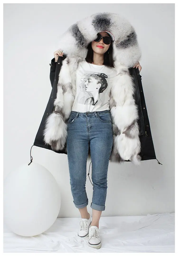 New Fashion Winter Women Real Fox Fur Coat Outerwear Female Naturel Fox Fur Collar Hooded Warm Thicken Jacket Plus Size H12