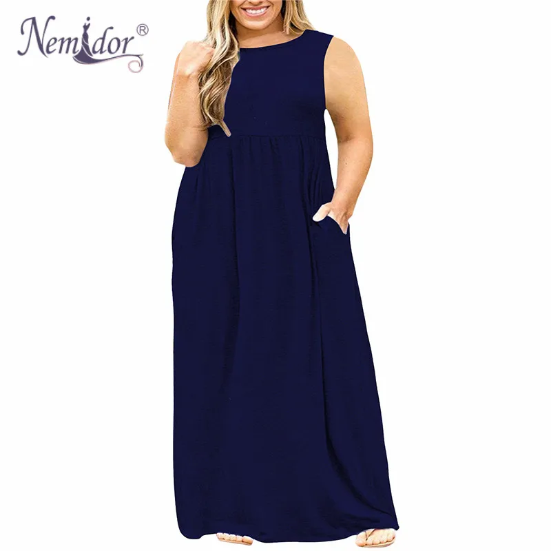 navy sleeveless Nemidor,, женское летнее Повседневное платье с круглым вырезом и длинным рукавом размера плюс 7XL 8XL 9XL, винтажное Макси платье с карманами - Цвет: navy sleeveless
