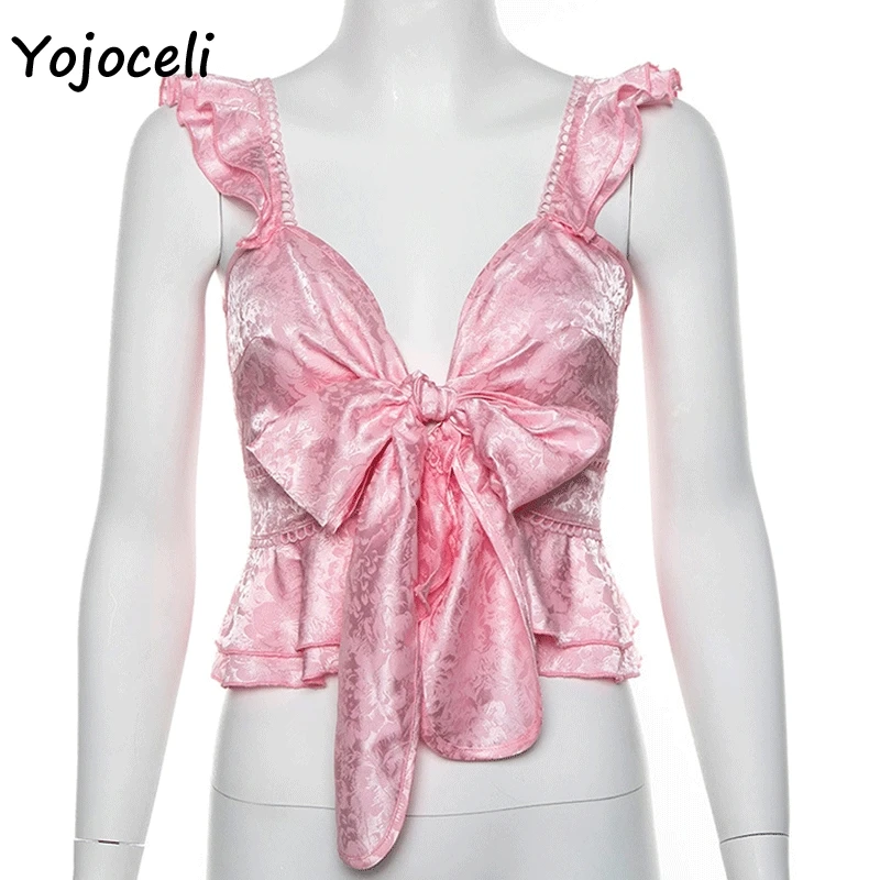 Yojoceli 2019 Мода рюшами женские блузки рубашки из кружев кроше с укороченные топы