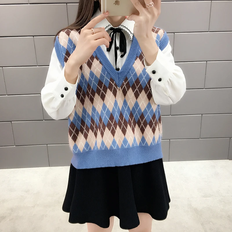 2019 Spring Autumn New V-Neck Argyle Knit Vest Sweater Female Short Preppy Style Women F11 | Женская одежда