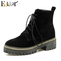 eokkar 2019 wome ankle boots nubuck fashion women shoes lace up square heel black elegant winter boots women shoes size 34 43