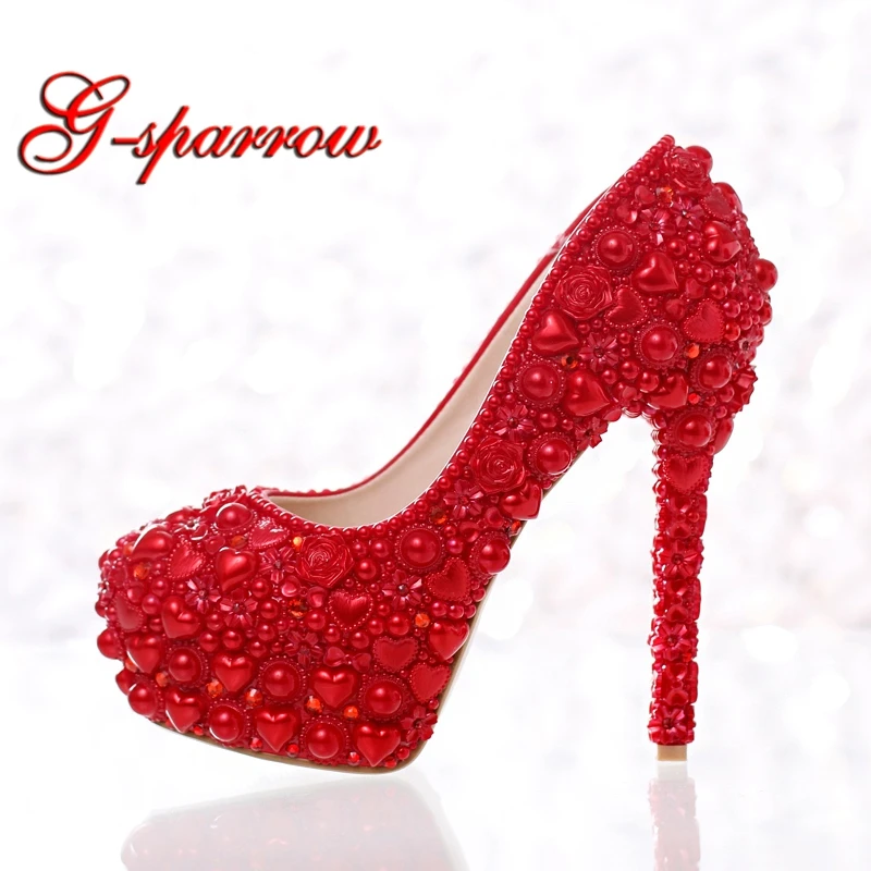 

Red Pearl Wedding Shoes Newest Model Heart Shape Pearl Bride High Heels Party Prom Shoes for Mom Matching Dress Shoes