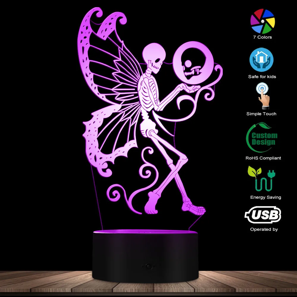 Dead Skull Fairy 3D LED Night Lamp Gothic Skeleton Moth Butterfly Lighting Decor Table Lamp With Color Changing Effect USB Light
