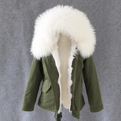 green white fox fur Зимняя женская куртка, армейская зеленая парка, пальто, настоящий большой воротник из меха енота, подкладка из лисьего меха, верхняя одежда с капюшоном, DHL EMS - Цвет: green white fox fur