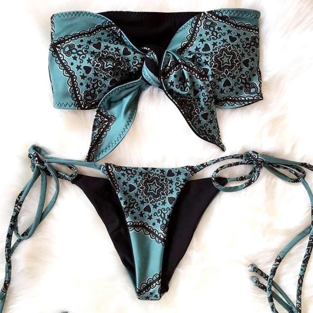 Sexy Bandeau Swimsuit Women Knots on the Chest Bikini Set for Girl Swimming Suit 2018 Print Bathing Separate New Swimwear |