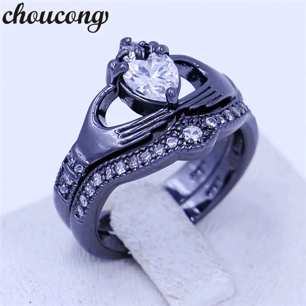 Choucong 4 цвета камень для женщин claddagh кольцо 5A Циркон cz Черное золото Заполненные Обручальное кольцо Свадебные наборы кольцо для женщин мужчин